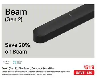 Visions Electronics Sonos Beam (Gen 2): The Smart, Compact Sound Bar offer