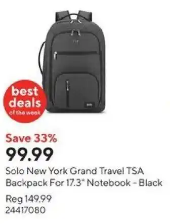 Staples Solo New York Grand Travel TSA Backpack For 17.3" Notebook - Black offer