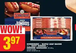 No Frills SCHNEIDERS or MAPLE LEAF BACON 375 g, JUICY JUMBOS or SMOKED SAUSAGES offer