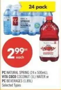 Shoppers Drug Mart PC NATURAL SPRING (24 x 500mL), VITA COCO COCONUT (1L) WATER or PC BEVERAGES offer