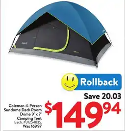 Walmart Coleman 4-Person Sundome Dark Room Dome 9' x 7' Camping Tent offer