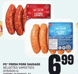 Loblaws PC FRESH PORK SAUSAGE, 375/500 G offer