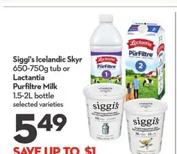 Longo's Siggi's Icelandic Skyr 650-750g tub or Lactantia Purfiltre Milk 1.5-2L bottle offer
