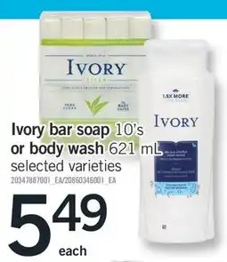Fortinos IVORY BAR SOAP 10' S OR BODY WASH 621 ML offer