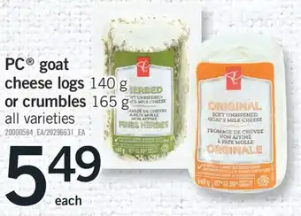 Fortinos PC GOAT CHEESE LOGS 140 G OR CRUMBLES 165 G offer