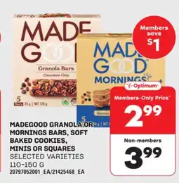 Loblaws MADEGOOD GRANOLA OR MORNINGS BARS, SOFT BAKED COOKIES, MINIS OR SQUARES, 110-150 G offer