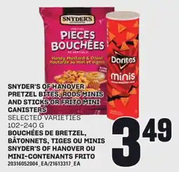 Independent Grocer SNYDER'S OF HANOVER PRETZEL BITES, RODS MINIS AND STICKS OR FRITO MINI CANISTERS, 102-240 G offer