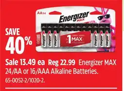 Canadian Tire Energizer MAX 24/AA or 16/AAA Alkaline Batteries offer