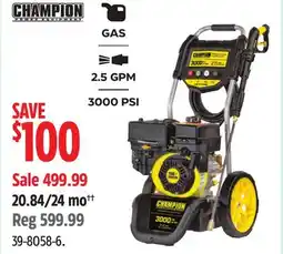 Canadian Tire Champion 3000 PSI 2.5 GPM 196cc Engine Cold Water Wheeled Gas Pressure Washer offer