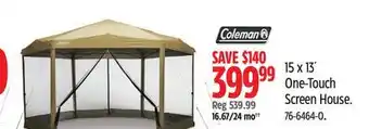 Canadian Tire Coleman 15 x 13' One-Touch Screen House offer