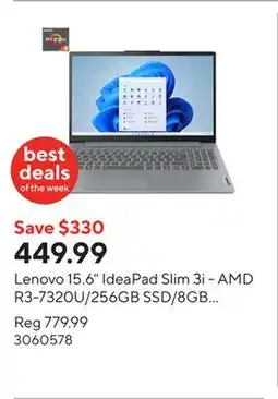 Staples Lenovo 15.6 IdeaPad Slim 3i - AMD R3-7320U/256GB SSD/8GB RAM/Windows 11 offer