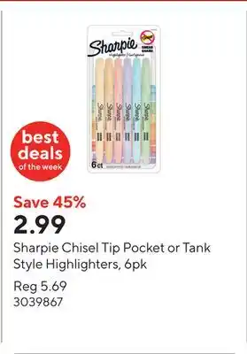 Staples Sharpie Chisel Tip Pocket or Tank Style Highlighters, 6pk offer