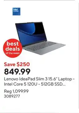 Staples Lenovo IdeaPad Slim 3 15.6 Laptop - Intel Core 5 120U - 512GB SSD - 16GB RAM - Win 11 offer