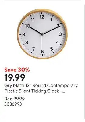 Staples Gry Mattr 12 Round Contemporary Plastic Silent Ticking Clock - Wood Grain Effect offer