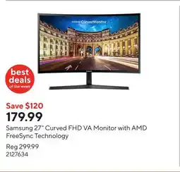 Staples Samsung 27 Curved FHD VA Monitor with AMD FreeSync Technology offer