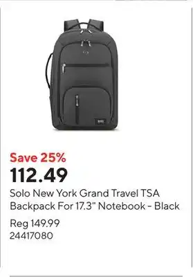 Staples Solo New York Grand Travel TSA Backpack For 17.3 Notebook - Black offer