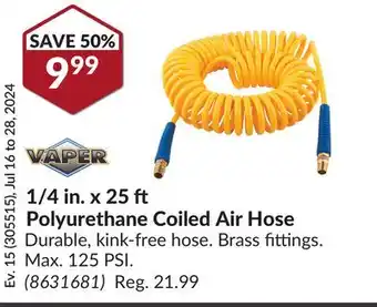 Princess Auto 1/4 in. x 25 Polyurethane Coiled Air Hose offer