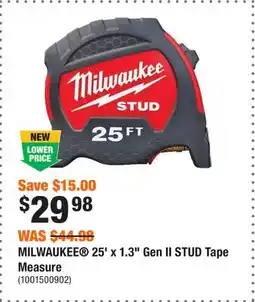 Home Depot MILWAUKEE 25' x 1.3 Gen II STUD Tape Measure offer