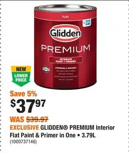 Home Depot EXCLUSIVE GLIDDEN PREMIUM Interior Flat Paint & Primer in One • 3.79L offer