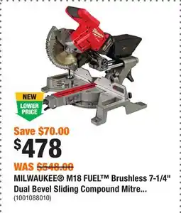 Home Depot MILWAUKEE M18 FUEL Brushless 7-1/4 Dual Bevel Sliding Compound Mitre Saw - Tool Only offer