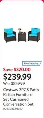 Walmart Costway 3PCS Patio Rattan Furniture Set Cushioned Conversation Set offer