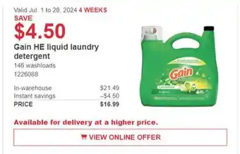 Costco Gain HE liquid laundry detergent offer