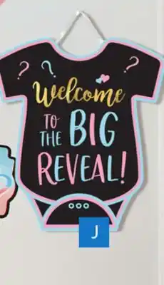 Party City Welcome to the Big Reveal Onesie Hanging Sign Decoration, Pink/Blue, 14-in, for Gender Reveal offer