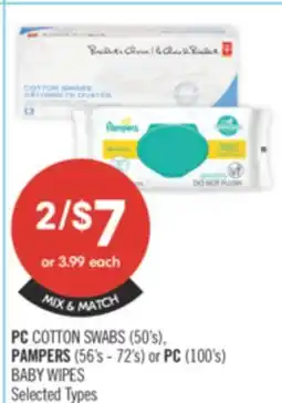 Shoppers Drug Mart PC COTTON SWABS (50's), PAMPERS (56's - 72's) or PC (100's) BABY WIPES offer