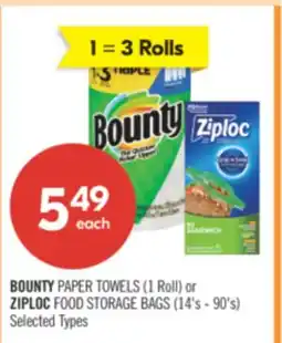 Shoppers Drug Mart BOUNTY PAPER TOWELS (1 Roll) or ZIPLOC FOOD STORAGE BAGS (14's - 90's) offer