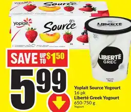 Chalo FreshCo Yoplait Source Yogourt 16 pk Liberté Greek Yogourt 650-750 g offer