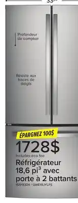 Leon's GE Réfrigérateur 18,6 pi³ avec porte à 2 battants à profondeur de comptoir 33 po acier inoxydable résistant aux traces de doi offer