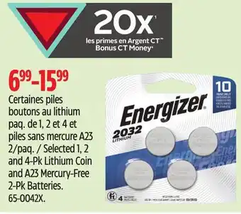 Canadian Tire Energizer Selected 1, 2 and 4-Pk Lithium Coin and A23 Mercury-Free 2-Pk Batteries offer