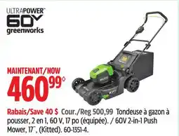 Canadian Tire Greenworks 60V 2-in-1 Push Mower, 17, (Kitted) offer