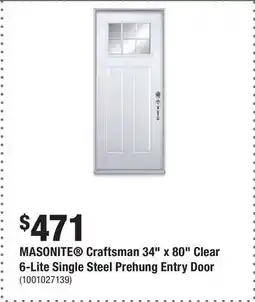Home Depot MASONITE Craftsman 34 x 80 Clear 6-Lite Single Steel Prehung Entry Door offer