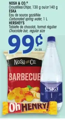 Uniprix NOSH & CO. Croustilles/Chips, ESKA Eau de source gazéifiée/Carbonated spring water, HERSHEY'S Tablette de chocolat, format ré offer