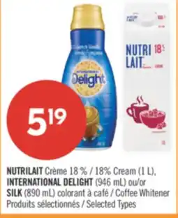 Shoppers Drug Mart NUTRILAIT 18% Cream (1 L), INTERNATIONAL DELIGHT (946 mL) or SILK (890 mL) Coffee Whitener offer