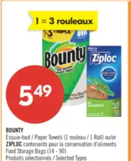 Pharmaprix BOUNTY / Paper Towels 1 Roll) or ZIPLOC pour la conservation Food Storage Bags (14 - 90) offer