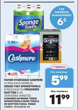 Provigo PAPIER HYGIÉNIQUE CASHMERE, 12 ROULEAUX DOUBLES, ESSUIE-TOUT SPONGETOWELS, 6 ROULEAUX OU MOUCHOIRS SCOTTIES, 6 UN offer