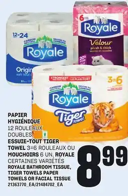 Provigo PAPIER HYGIÉNIQUE, 12 ROULEAUX DOUBLES, ESSUIE-TOUT TIGER TOWEL, 3=6 ROULEAUX OU MOUCHOIRS, 6 UN. ROYALE offer