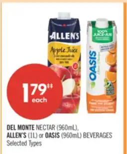 Shoppers Drug Mart DEL MONTE NECTAR (960mL), ALLEN'S (1L) or OASIS (960mL) BEVERAGES offer