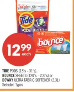Shoppers Drug Mart TIDE PODS (18's - 31's), BOUNCE SHEETS (120's - 200's) or DOWNY ULTRA FABRIC SOFTENER (2.3L) offer