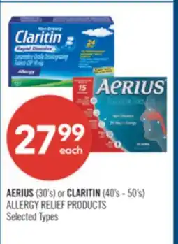 Shoppers Drug Mart AERIUS (30's) or CLARITIN (40's - 50's) ALLERGY RELIEF PRODUCTS offer