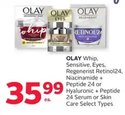 Rexall OLAY Whip, Sensitive, Eyes, Regenerist Retinol24, Niacinamide + Peptide 24 or Hyaluronic + Peptide 24 Serum or Skin Care offer