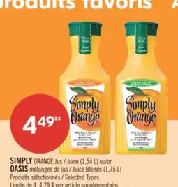 Pharmaprix SIMPLY ORANGE Juice (1.54 L) or OASIS Juice Blends (1.75 L) offer