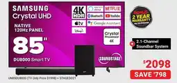 Visions Electronics SAMSUNG Crystal UHD NATIVE 120Hz PANEL DU8000 Smart TV 85 + 2.1-Channel Soundbar System offer