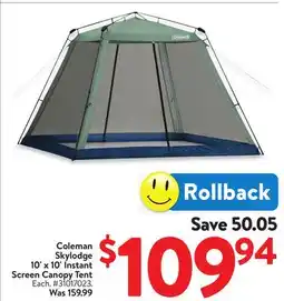 Walmart Coleman Skylodge 10' x 10' Instant Screen Canopy Tent offer