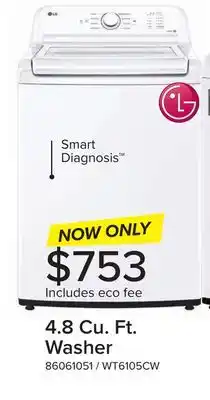 Leon's LG White Top Load Washer with Agitator and SlamProof Glass Lid (4.8 Cu. Ft) -WT6105CW offer