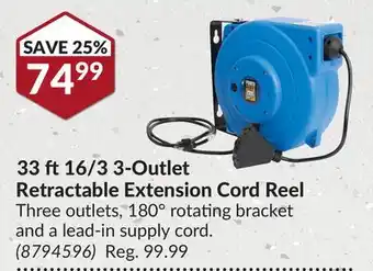 Princess Auto 33 ft 16/3 3-Outlet Retractable Extension Cord Reel offer