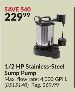 Princess Auto Burcam 1/2 HP Stainless-Steel Sump Pump offer