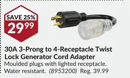 Princess Auto 30A 3-Prong to 4-Receptacle Twist Lock Generator Cord Adapter offer